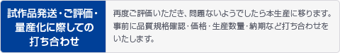 試作品発送・ご評価・量産化に際しての打ち合わせ 再度ご評価いただき、問題ないようでしたら本生産に移ります。事前に品質規格確認・価格・生産数量・納期など打ち合わせをいたします。。